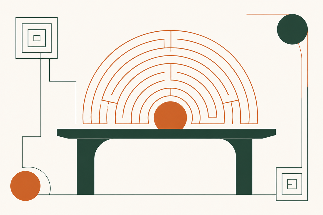 Ilustracion de un amanecer geometrico sobre una mesa